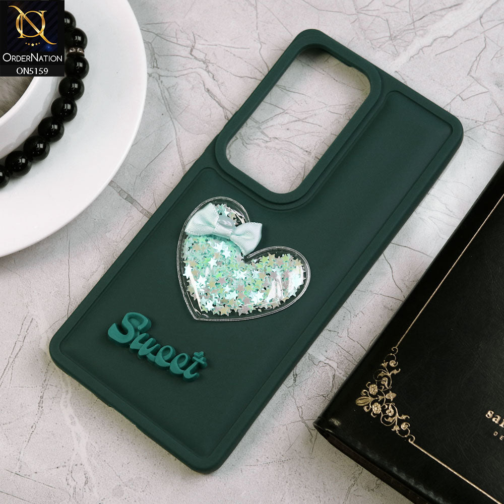 Vivo V30 Cover - Green - New Trendy 3D Love Heart (Moving Shiny Stars Glitter) & Bow Candy Color Soft Silicon Case