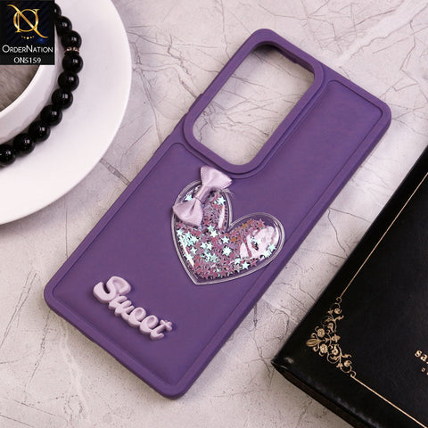 Vivo V30 Cover - Purple - New Trendy 3D Love Heart (Moving Shiny Stars Glitter) & Bow Candy Color Soft Silicon Case