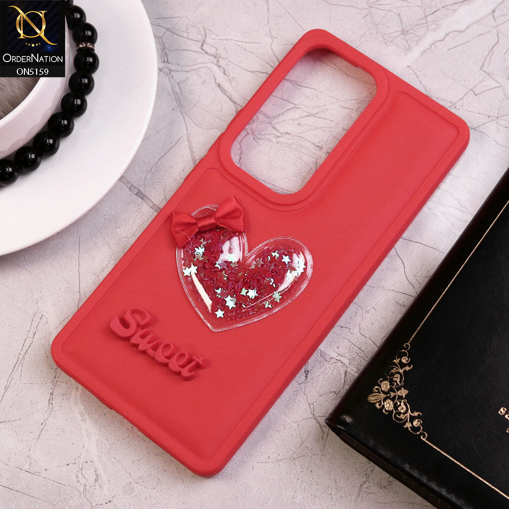 Vivo V30 Cover - Red - New Trendy 3D Love Heart (Moving Shiny Stars Glitter) & Bow Candy Color Soft Silicon Case