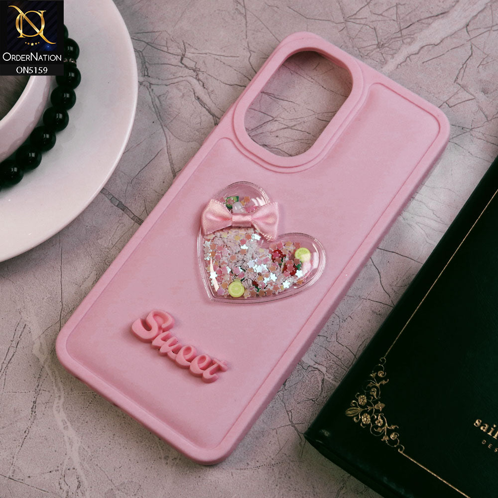 Vivo Y18 Cover - Pink - New Trendy 3D Love Heart (Moving Shiny Stars Glitter) & Bow Candy Color Soft Silicon Case