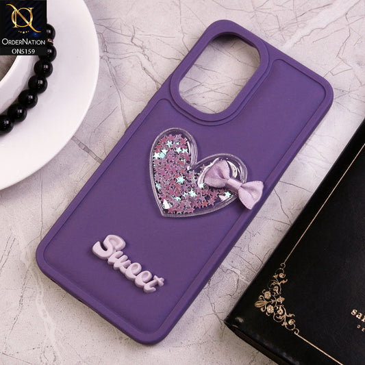 Vivo Y18 Cover - Purple - New Trendy 3D Love Heart (Moving Shiny Stars Glitter) & Bow Candy Color Soft Silicon Case