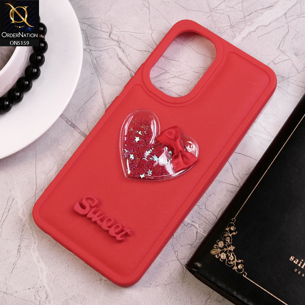 Vivo Y18 Cover - Red - New Trendy 3D Love Heart (Moving Shiny Stars Glitter) & Bow Candy Color Soft Silicon Case