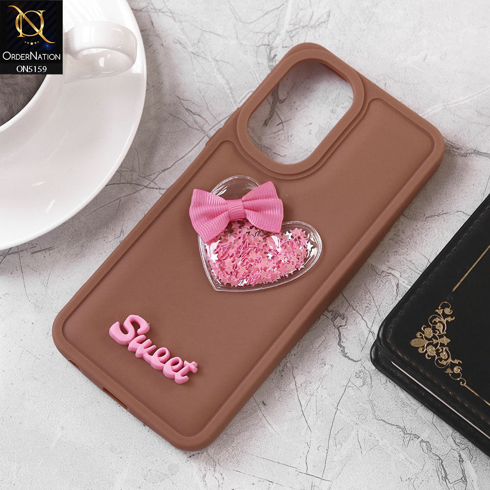 Vivo Y18 Cover - Brown - Design 2 - New Trendy 3D Love Heart (Moving Shiny Stars Glitter) & Bow Candy Color Soft Silicon Case