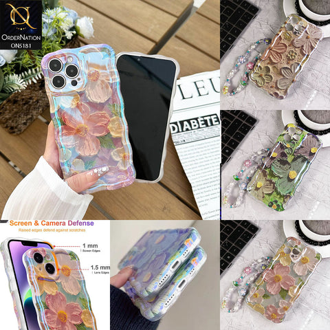 iPhone 14 Pro Max Cover - Design2 - New Holographic Shine Oil Painting Flowers Design Curvy Borders Protective Case With Tussle Holder