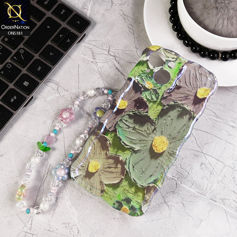 iPhone 14 Cover - Design2 - New Holographic Shine Oil Painting Flowers Design Curvy Borders Protective Case With Tussle Holder