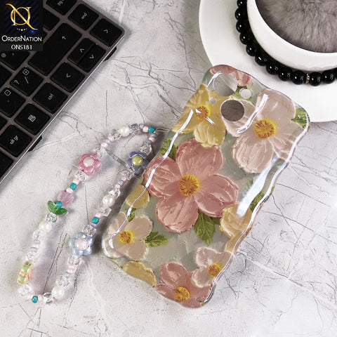 iPhone 14 Cover - Design3 - New Holographic Shine Oil Painting Flowers Design Curvy Borders Protective Case With Tussle Holder