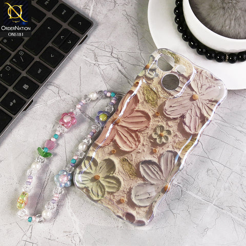 iPhone 15 Cover - Design1 - New Holographic Shine Oil Painting Flowers Design Curvy Borders Protective Case With Tussle Holder