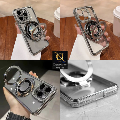 iPhone 14 Cover - Silver - Luxury Diamond Rhinestones Color Electroplating Borders Magsafe Magnetic Stand Holder Soft Clear Case With Camera Protection