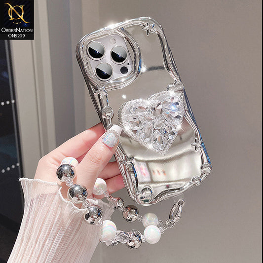 iPhone 14 Pro Max Cover - Silver - 3D Electroplated Crystal Heart Shiny Mirror Case With Wrist Holder