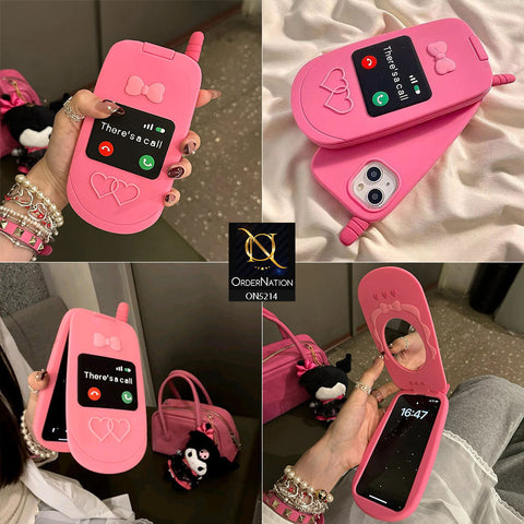 iPhone 12 Cover - Pink - Cute 3D Kawaii Retro Flip Phone Style Soft Silicone Case With View Mirror