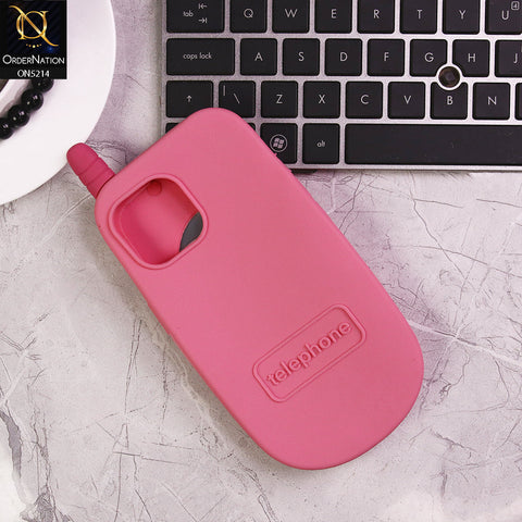 iPhone 13 Cover - Pink - Cute 3D Kawaii Retro Flip Phone Style Soft Silicone Case With View Mirror