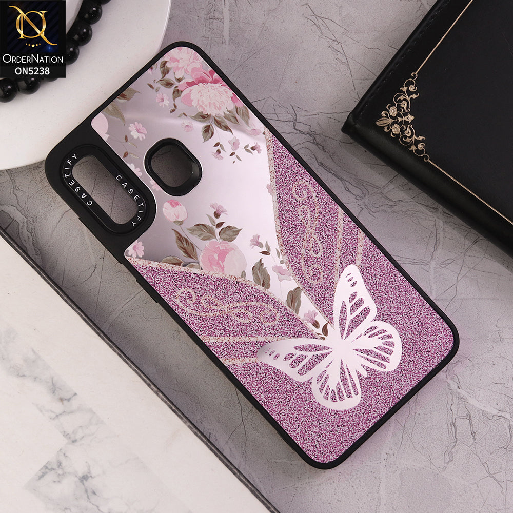 Samsung Galaxy A30 Cover - Design 2 - Trendy Floral Butterfly Shiny Mirror Soft Borders Protective Case