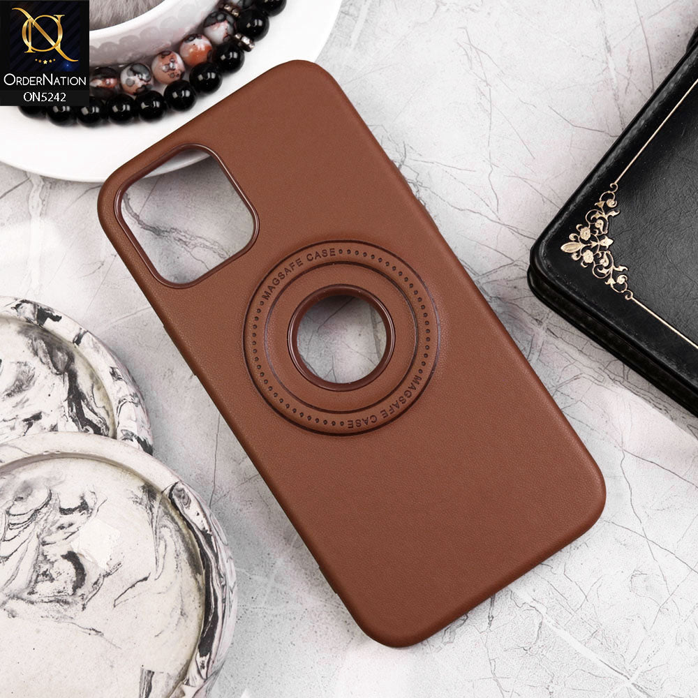 iPhone 12 Pro Max Cover - Light Brown - Luxury Pu Leather Texture Magsafe Soft Border Protective Case With Logo Hole