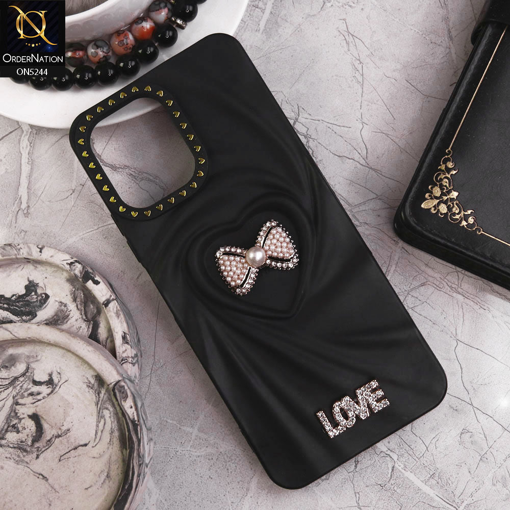 Xiaomi Redmi 12 Cover - Black - 3D Love Rhinesteart Wrinkle Fold Design Soft Silicon Protective Case