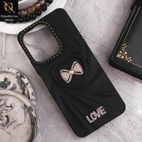 Xiaomi Redmi 13 Cover - Black - 3D Love Rhinesteart Wrinkle Fold Design Soft Silicon Protective Case