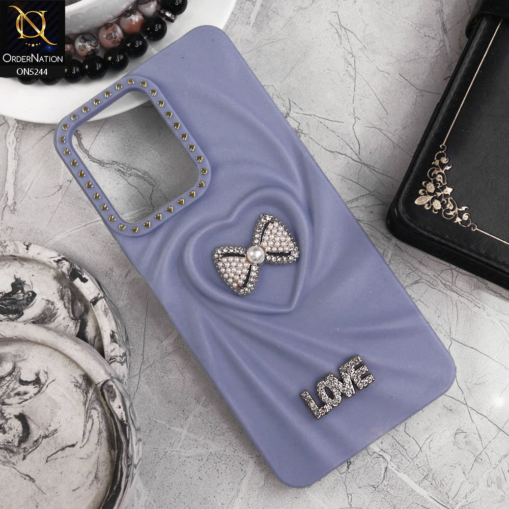 Xiaomi Redmi Note 13R Cover - Blue - 3D Love Rhinesteart Wrinkle Fold Design Soft Silicon Protective Case