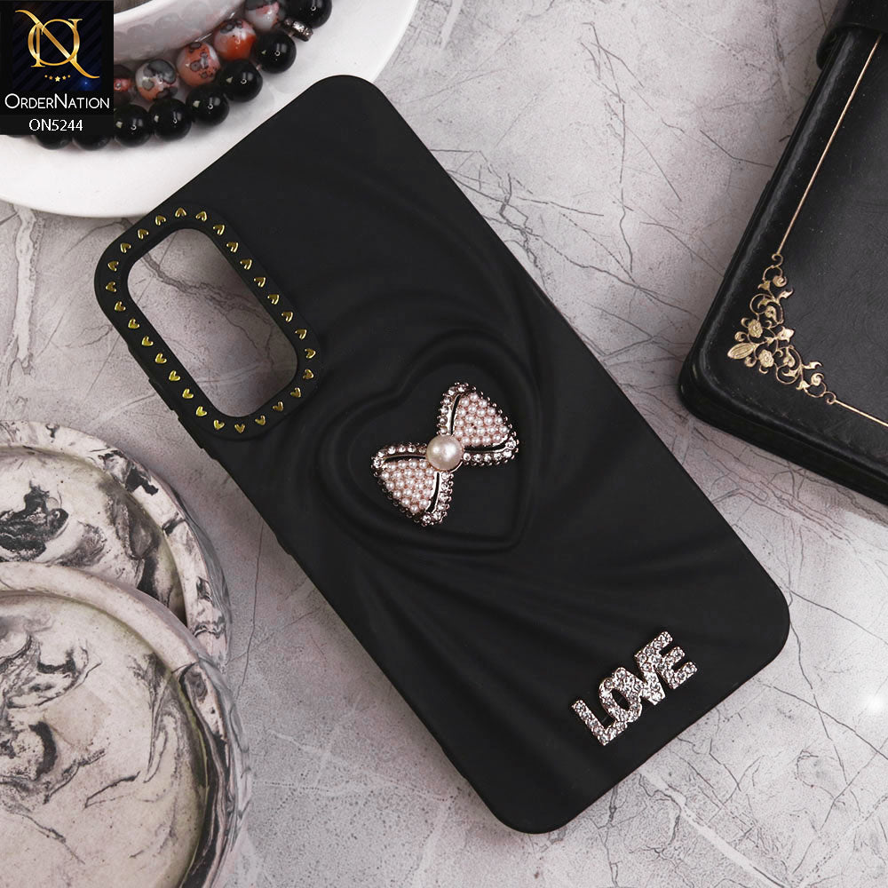 Samsung Galaxy A05s Cover - Black - 3D Love Rhinesteart Wrinkle Fold Design Soft Silicon Protective Case