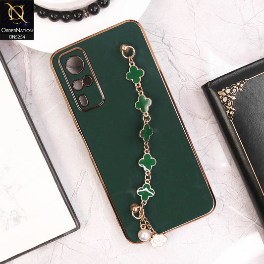 Vivo Y33 Cover - Dark Green - New Gloss Shiny Soft Protective Case With Chain Holder