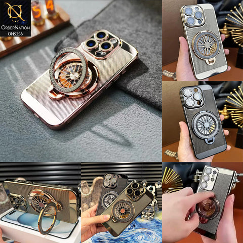 iPhone 11 Pro Max Cover - Golden - New Breathing Mesh Hard Shell Protective Case With Spin Rotating Wheel Kickstand Holder