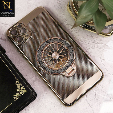 iPhone 11 Pro Max Cover - Golden - New Breathing Mesh Hard Shell Protective Case With Spin Rotating Wheel Kickstand Holder