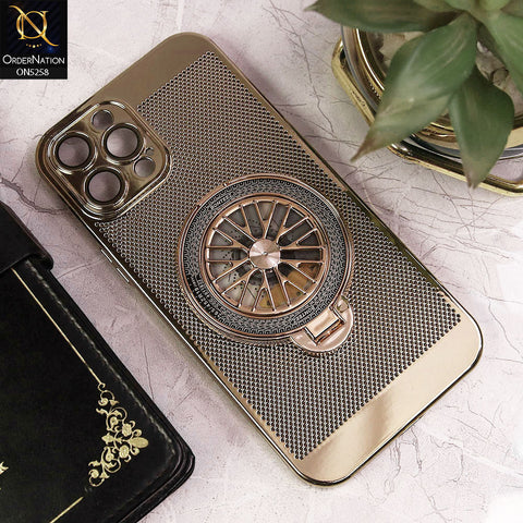 iPhone 12 Pro Max Cover - Golden - New Breathing Mesh Hard Shell Protective Case With Spin Rotating Wheel Kickstand Holder