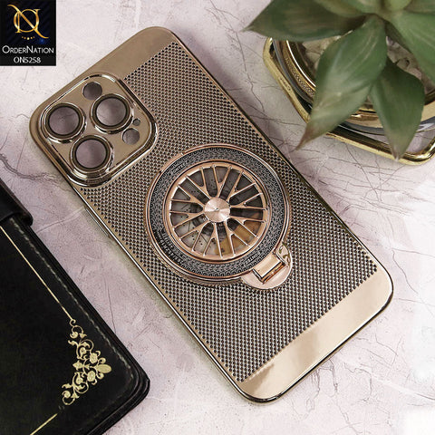 iPhone 13 Pro Max Cover - Golden - New Breathing Mesh Hard Shell Protective Case With Spin Rotating Wheel Kickstand Holder