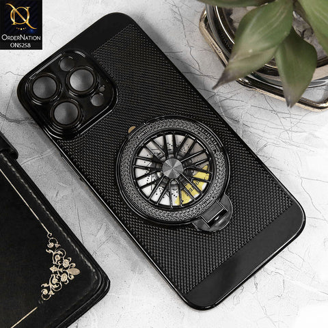 iPhone 14 Pro Max Cover - Black - New Breathing Mesh Hard Shell Protective Case With Spin Rotating Wheel Kickstand Holder