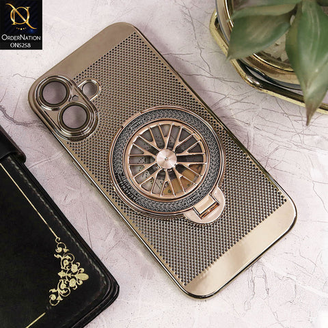 iPhone 16 Plus Cover - Golden - New Breathing Mesh Hard Shell Protective Case With Spin Rotating Wheel Kickstand Holder