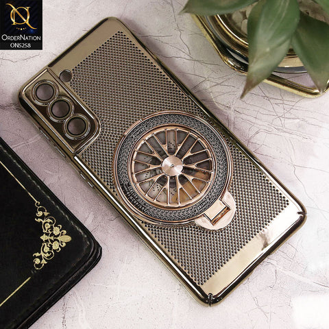 Samsung Galaxy S21 5G Cover - Golden - New Breathing Mesh Hard Shell Protective Case With Spin Rotating Wheel Kickstand Holder