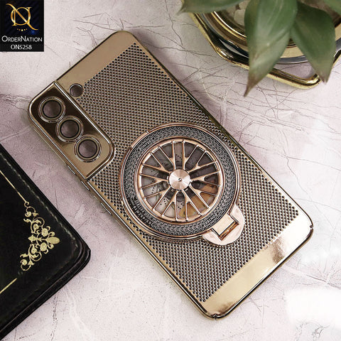 Samsung Galaxy S22 5G Cover - Golden - New Breathing Mesh Hard Shell Protective Case With Spin Rotating Wheel Kickstand Holder