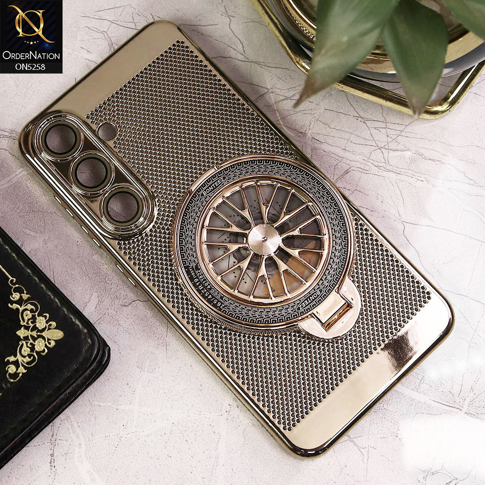 Samsung Galaxy S24 Cover - Golden - New Breathing Mesh Hard Shell Protective Case With Spin Rotating Wheel Kickstand Holder