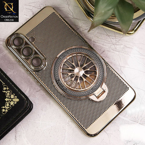 Samsung Galaxy S24 Cover - Golden - New Breathing Mesh Hard Shell Protective Case With Spin Rotating Wheel Kickstand Holder