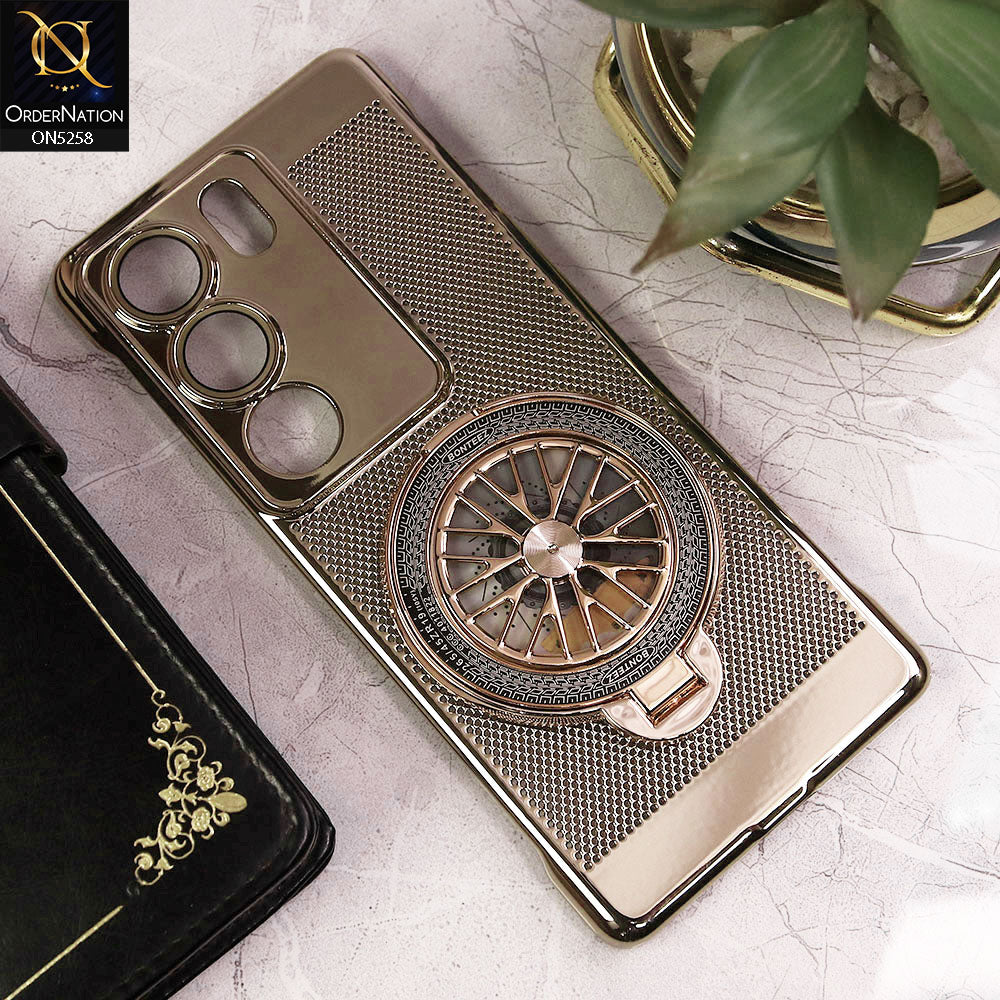 Vivo V29 Pro Cover - Golden - New Breathing Mesh Hard Shell Protective Case With Spin Rotating Wheel Kickstand Holder