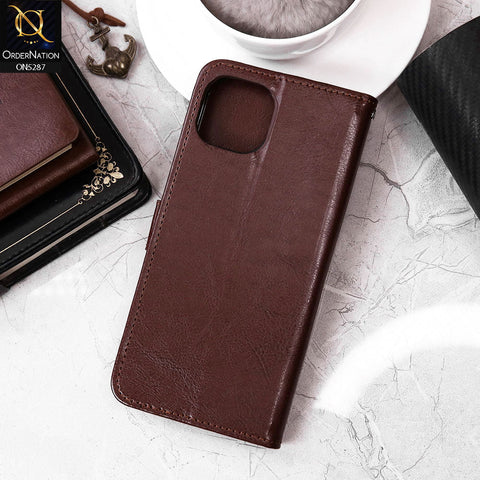 iPhone 13 Cover - Brown - Premium PU Leather Magnetic Flip Book Card Slots Wallet Soft Case