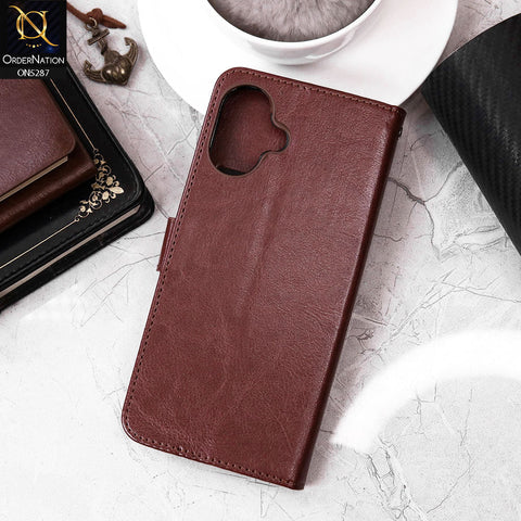 iPhone 16 Cover - Brown - Premium PU Leather Magnetic Flip Book Card Slots Wallet Soft Case