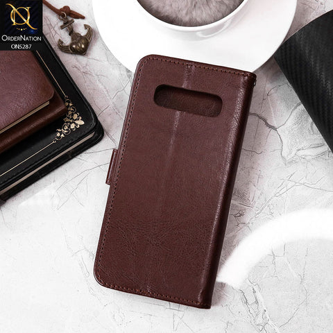 Samsung Galaxy S10 Cover - Brown - Premium PU Leather Magnetic Flip Book Card Slots Wallet Soft Case