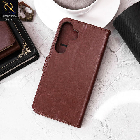 Samsung Galaxy S25 Plus Cover - Brown - Premium PU Leather Magnetic Flip Book Card Slots Wallet Soft Case