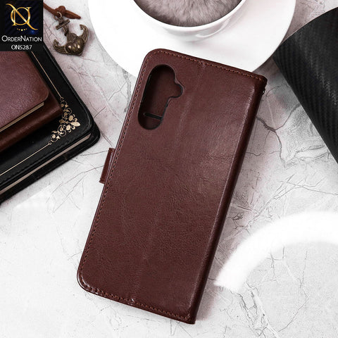 Samsung Galaxy A34 5G Cover - Brown - Premium PU Leather Magnetic Flip Book Card Slots Wallet Soft Case