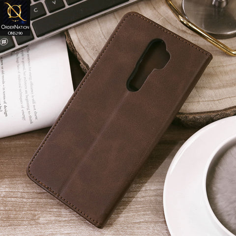 Oppo A5 2020 Cover - Dark Brown - Premium Business Series Magnetic Leather Wallet Flip book Card Slots Soft Case