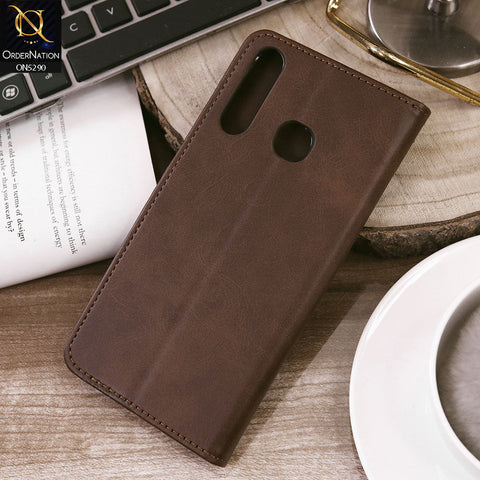 Tecno Camon 12 Cover - Dark Brown - Premium Business Series Magnetic Leather Wallet Flip book Card Slots Soft Case