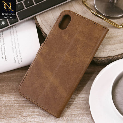 iPhone XS / X Cover - Light Brown - Premium Business Series Magnetic Leather Wallet Flip book Card Slots Soft Case