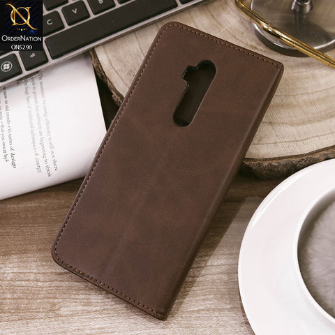 OnePlus 7 Pro Cover - Dark Brown - Premium Business Series Magnetic Leather Wallet Flip book Card Slots Soft Case