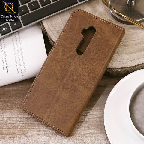 OnePlus 7 Pro Cover - Light Brown - Premium Business Series Magnetic Leather Wallet Flip book Card Slots Soft Case