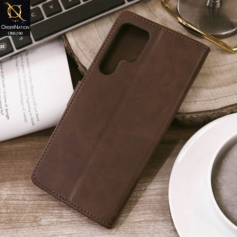 Samsung Galaxy S22 Ultra 5G Cover - Dark Brown - Premium Business Series Magnetic Leather Wallet Flip book Card Slots Soft Case