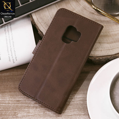 Samsung Galaxy S9 Cover - Dark Brown - Premium Business Series Magnetic Leather Wallet Flip book Card Slots Soft Case