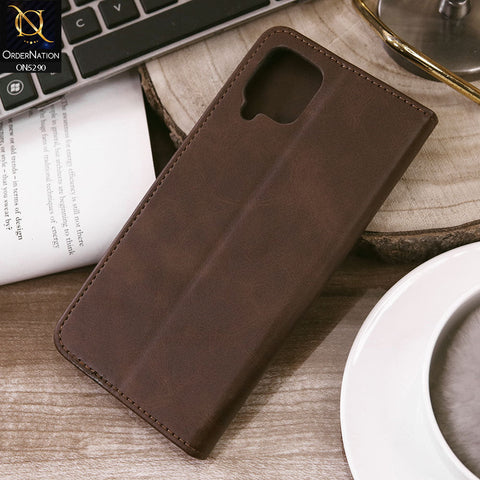 Samsung Galaxy A12 Cover - Dark Brown - Premium Business Series Magnetic Leather Wallet Flip book Card Slots Soft Case