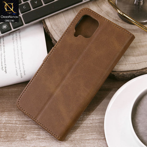 Samsung Galaxy A12 Cover - Light Brown - Premium Business Series Magnetic Leather Wallet Flip book Card Slots Soft Case