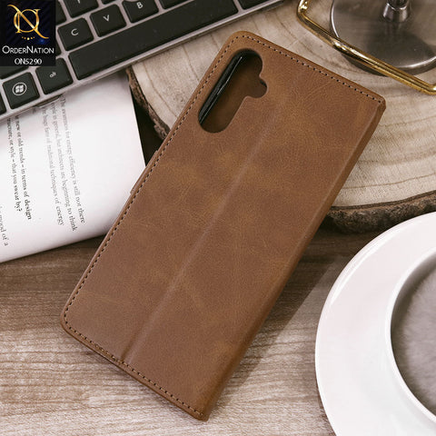 Samsung Galaxy A14 Cover - Light Brown - Premium Business Series Magnetic Leather Wallet Flip book Card Slots Soft Case