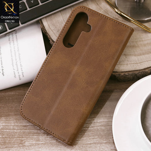 Samsung Galaxy A35 Cover - Light Brown - Premium Business Series Magnetic Leather Wallet Flip book Card Slots Soft Case