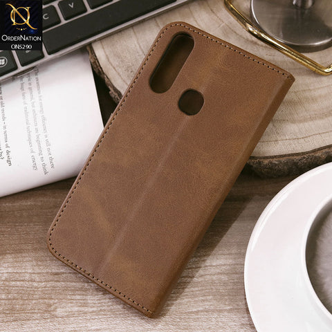 Vivo Y12 Cover - Light Brown - Premium Business Series Magnetic Leather Wallet Flip book Card Slots Soft Case